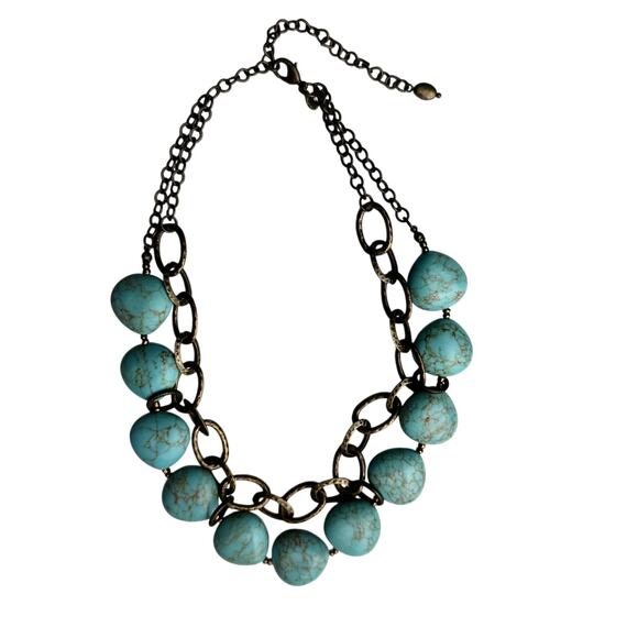 Turquoise Beaded Statement Necklace Antique Brass Chain Women's Adjustable Boho - Picture 2 of 11